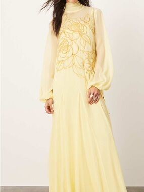 ASOS Elegant Yellow Floral Embroidered Maxi Dress